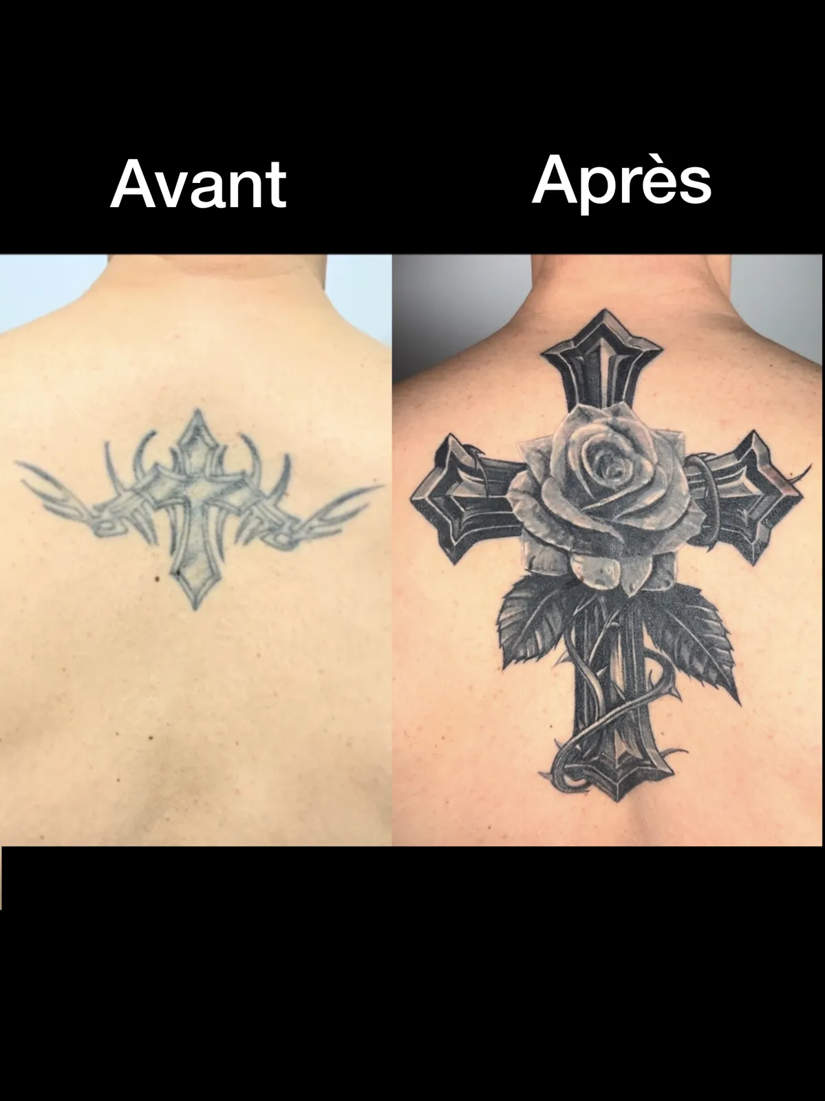 Comparaison avant/après : ancienne croix tribale délavée sur le haut du dos, recouverte par une croix et une rose réalistes en noir et gris.