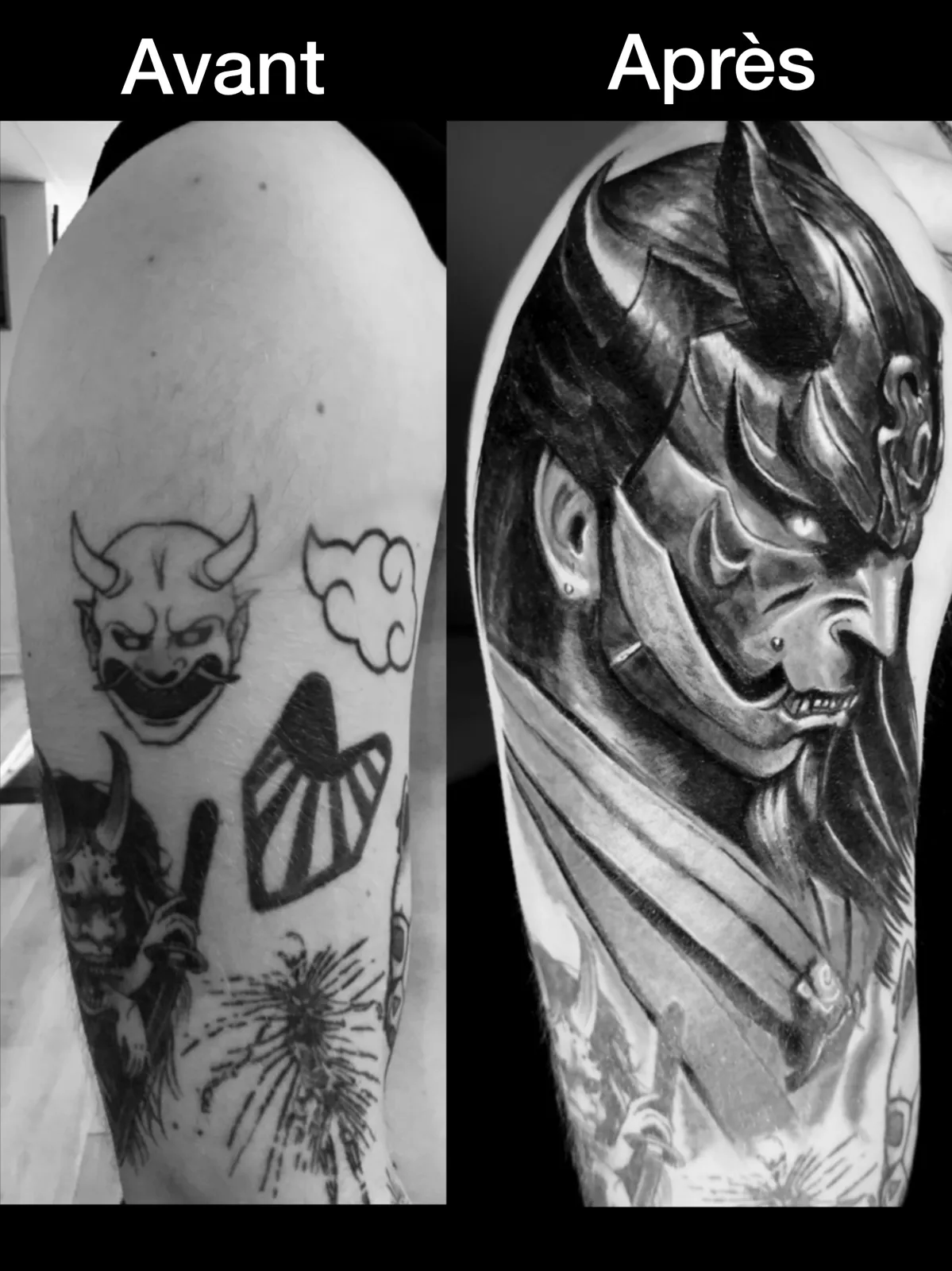 Comparaison avant/après : anciens tatouages hannya et symboles japonais épars sur le bras, recouverts par un samouraï masqué en noir et gris, manche complète.