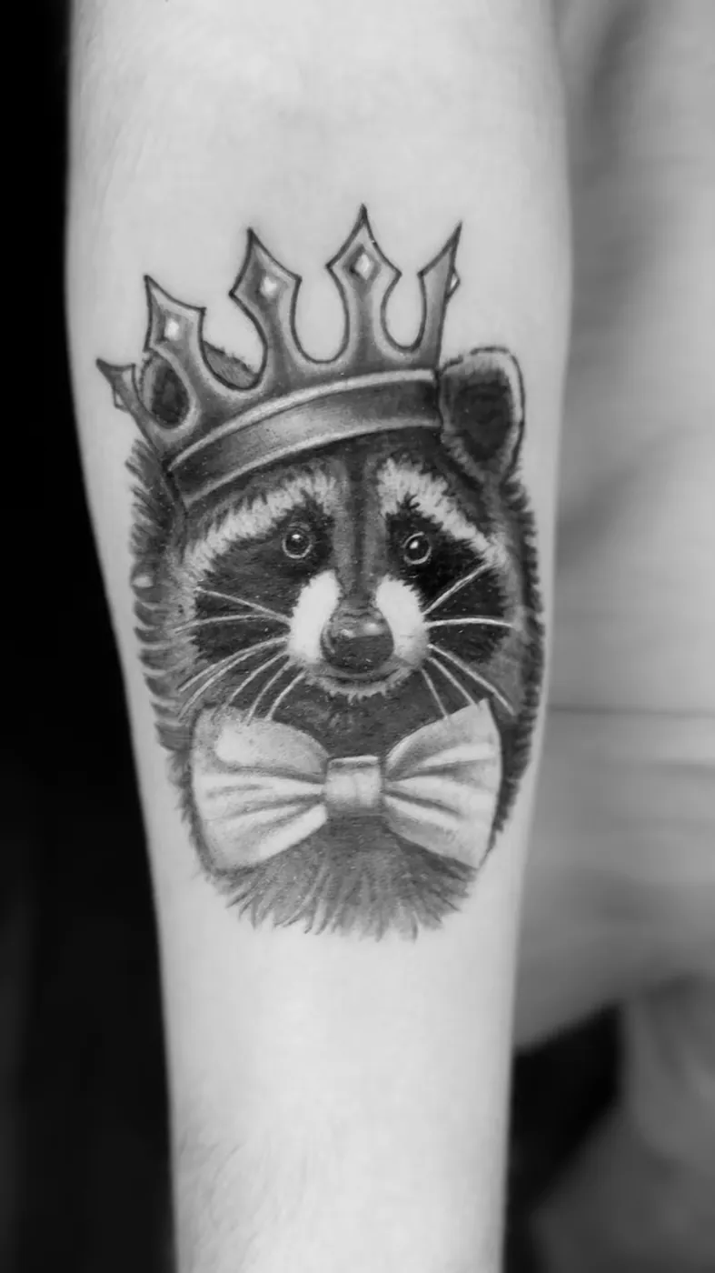 Raton laveur couronné avec nœud papillon, tatoué sur l'avant-bras.